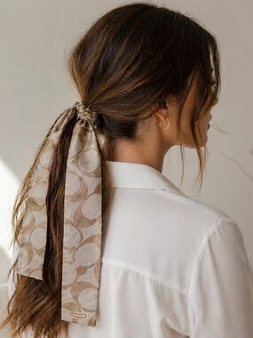 Coach Silk Twilly Skinny Scarf Monogram Neutral Hair Bag